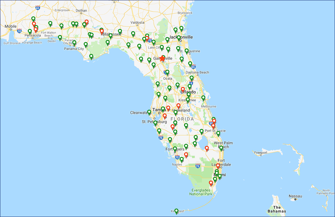 a map of uf/ifas REC locations in the state of florida
